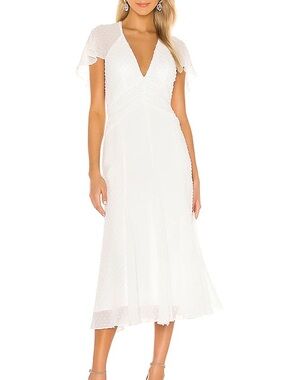 Katie May White V-Neck Midi Dress with Sheer Dot Cap Sleeves